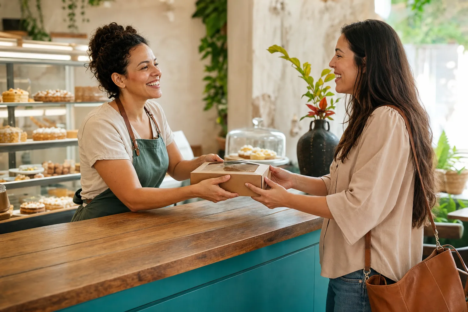 Dona de uma confeitaria entregando uma encomenda a uma cliente que voltou