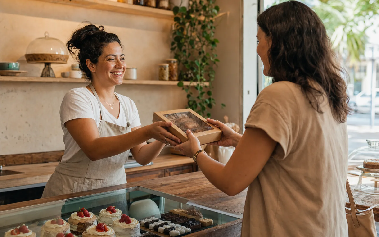 Confeiteira entregando uma caixa de doces a uma cliente